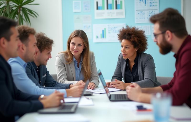 Digital marketing professionals in a collaborative meeting setting.
